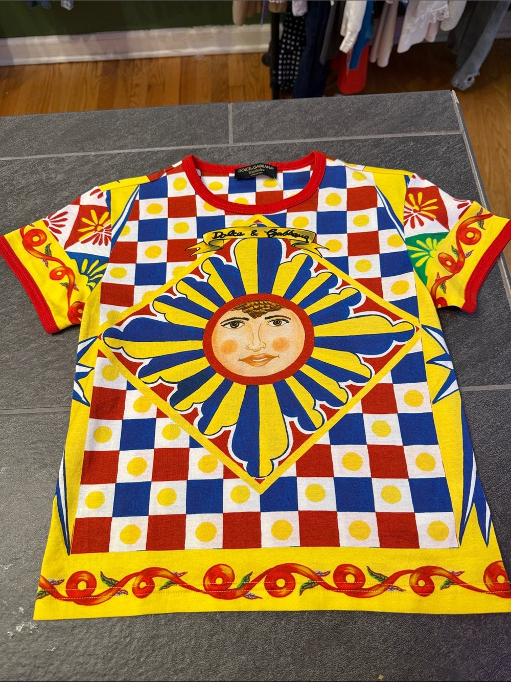 Dolce & Gabbana Yellow Blue Red White Sun Motif Short Sleeve baby tee